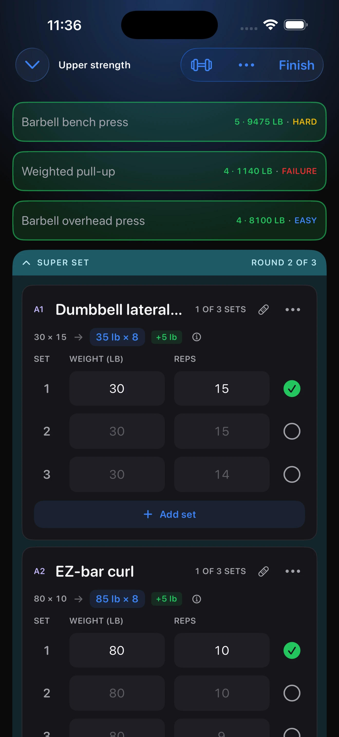 NovaZero workout logger showing exercises and set entries during a session
