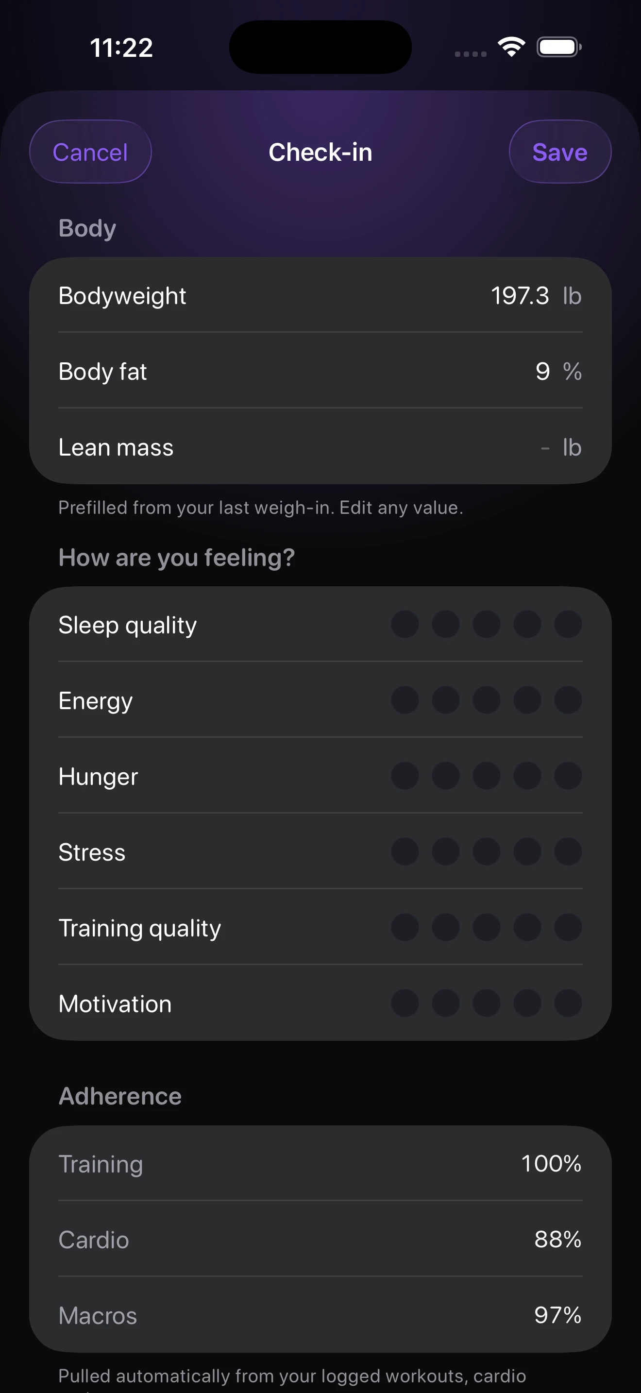NovaZero check-in form with bodyweight, sleep, energy, hunger, and adherence fields