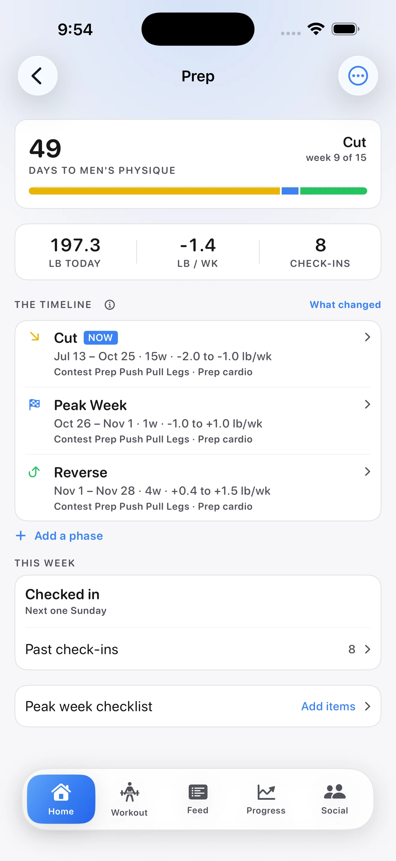 NovaZero Pro Prep overview showing 49 days to Men's Physique, the Cut phase, upcoming Peak Week and Reverse phases, weight progress, and check-ins.
