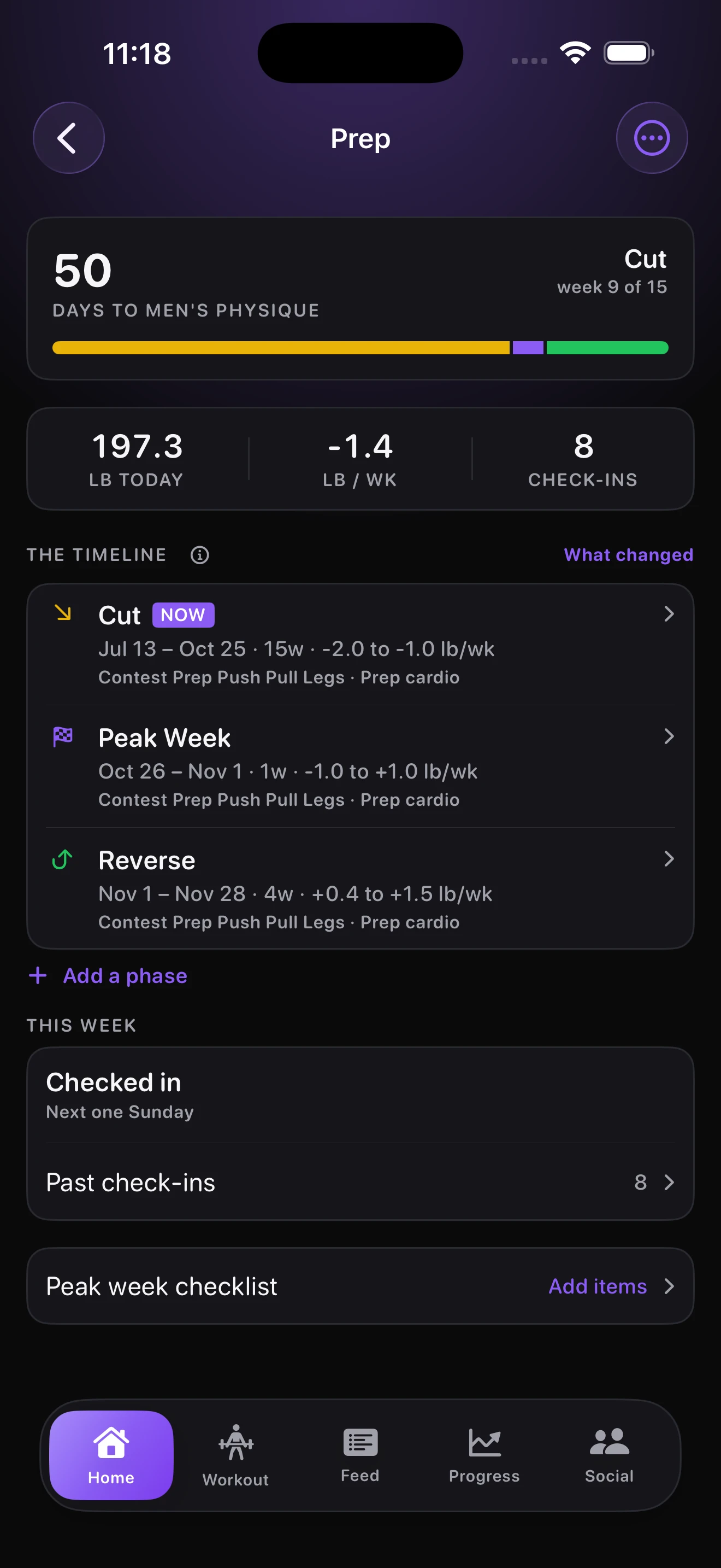 NovaZero Prep overview showing 50 days to the show, the Cut phase, check-ins, and the timeline through Reverse