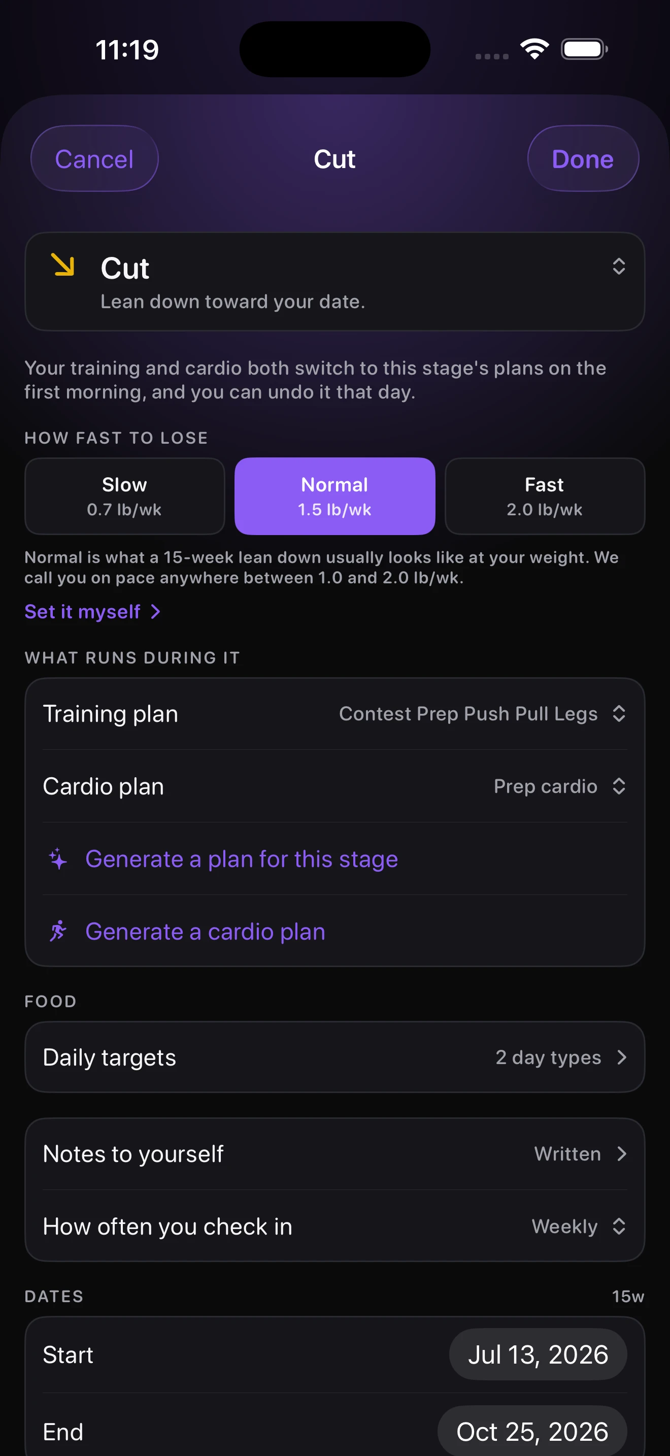 NovaZero Cut phase settings showing pace, training and cardio plans, daily targets, and check-in schedule